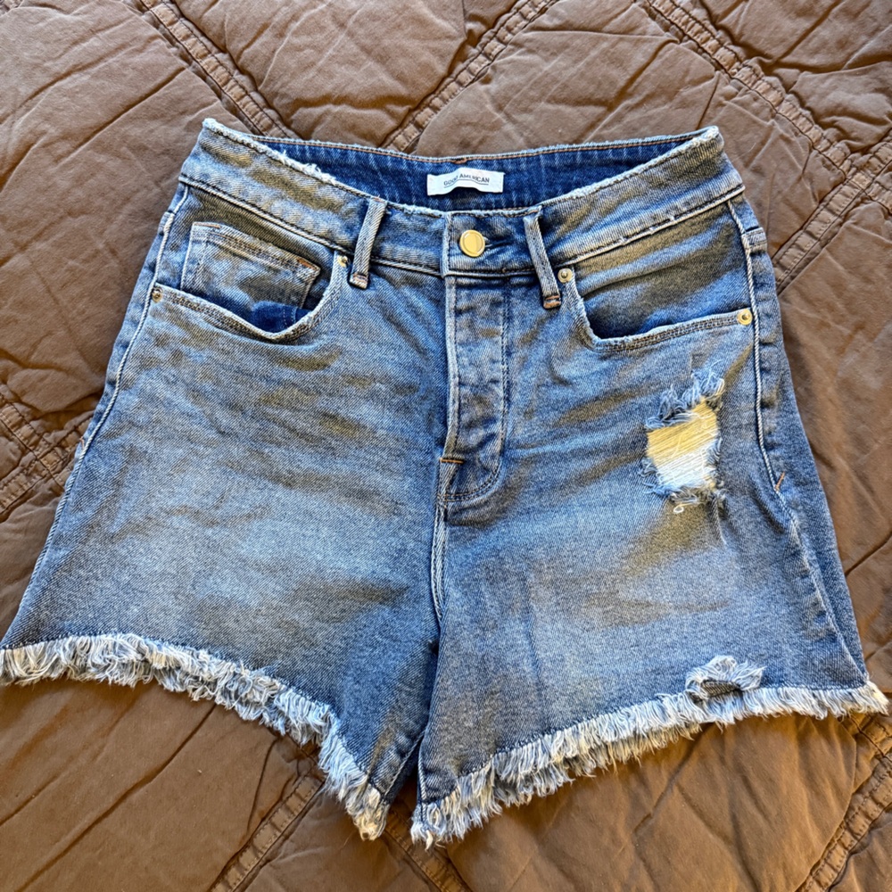 Good American Light Blue Frayed Distressed Denim Shorts
